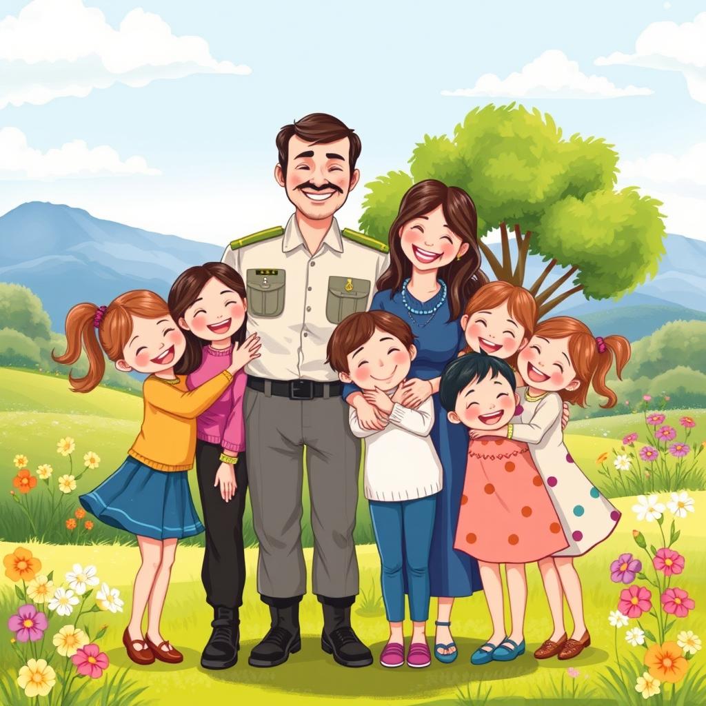 A delightful illustration in the style of a children's book, featuring a happy family in a scenic outdoor location