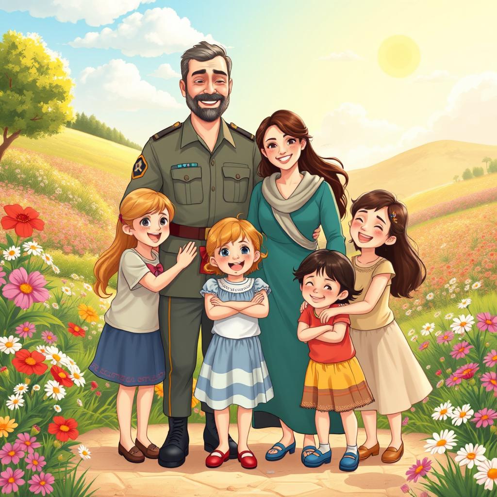 A delightful illustration in the enchanting style of a children's book, portraying a happy family in a stunning outdoor setting