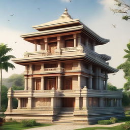 A house design inspired by traditional temple architecture, with intricate carvings, stone masonry, and stepped pyramid-like structures.