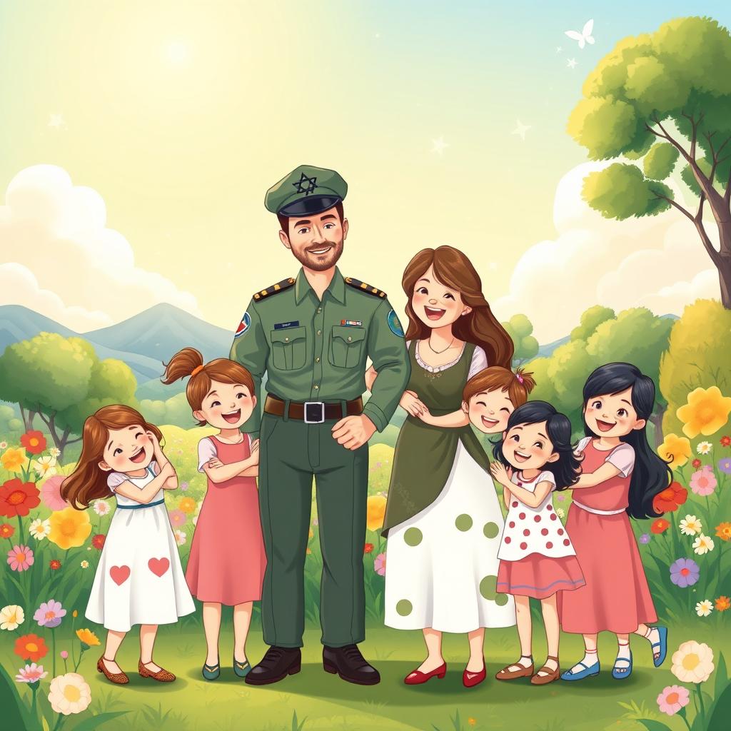 A charming illustration in the style of a children's book, showcasing a happy family in a beautiful outdoor location