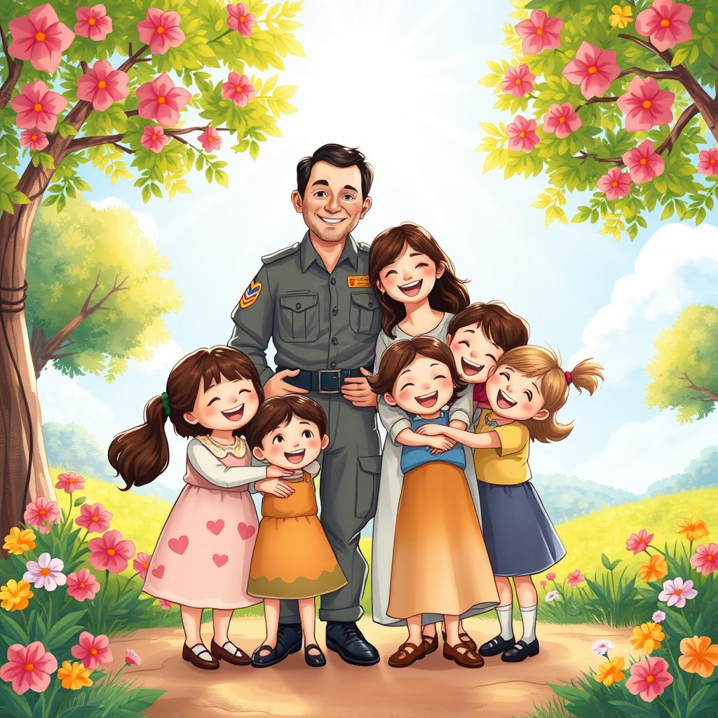 A charming illustration in the whimsical style of a children's book, depicting a joyful family scene