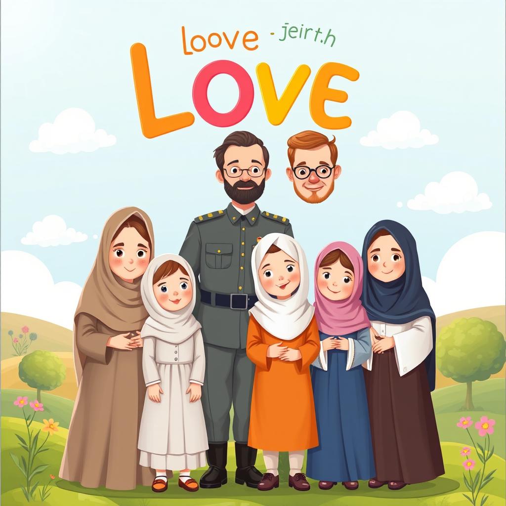 A heartwarming children's book cover illustration depicting a loving family with a military theme