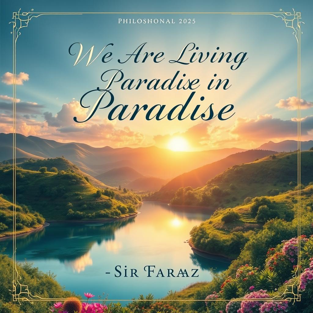 A captivating book cover for the philosophical book titled 'We Are Living in Paradise' by Sir Faraz, published in 2025
