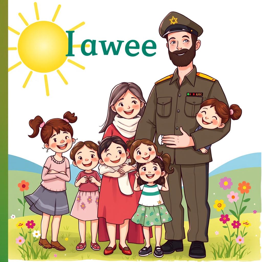 A delightful children's book cover illustration featuring a warm and loving family