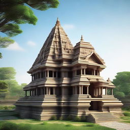 A house design inspired by traditional temple architecture, with intricate carvings, stone masonry, and stepped pyramid-like structures.