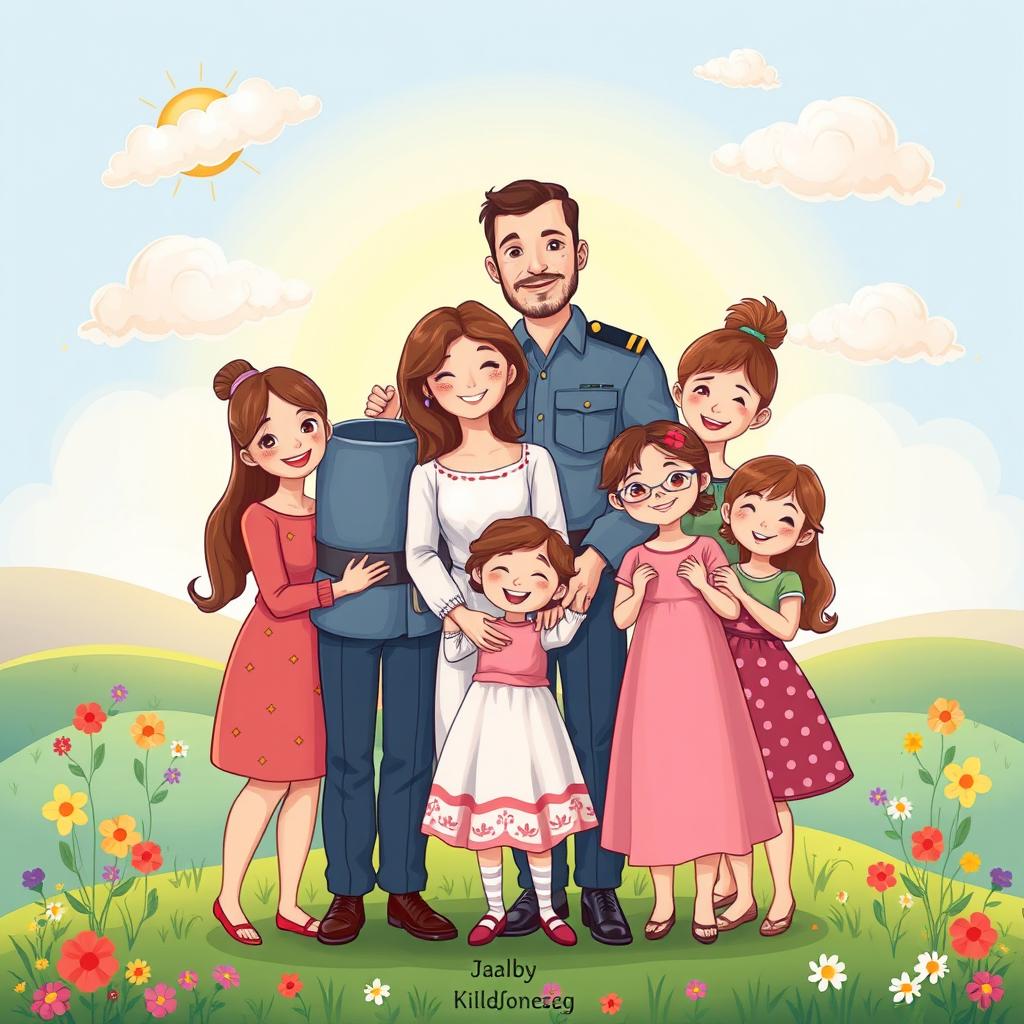 A charming children's book cover illustration showcasing a loving family