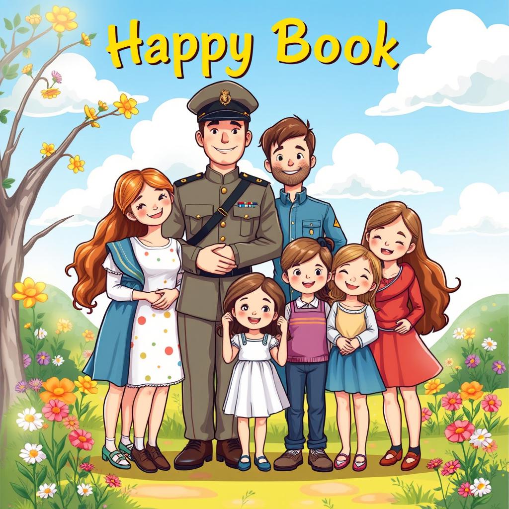 A heartwarming children's book cover illustration featuring a happy family
