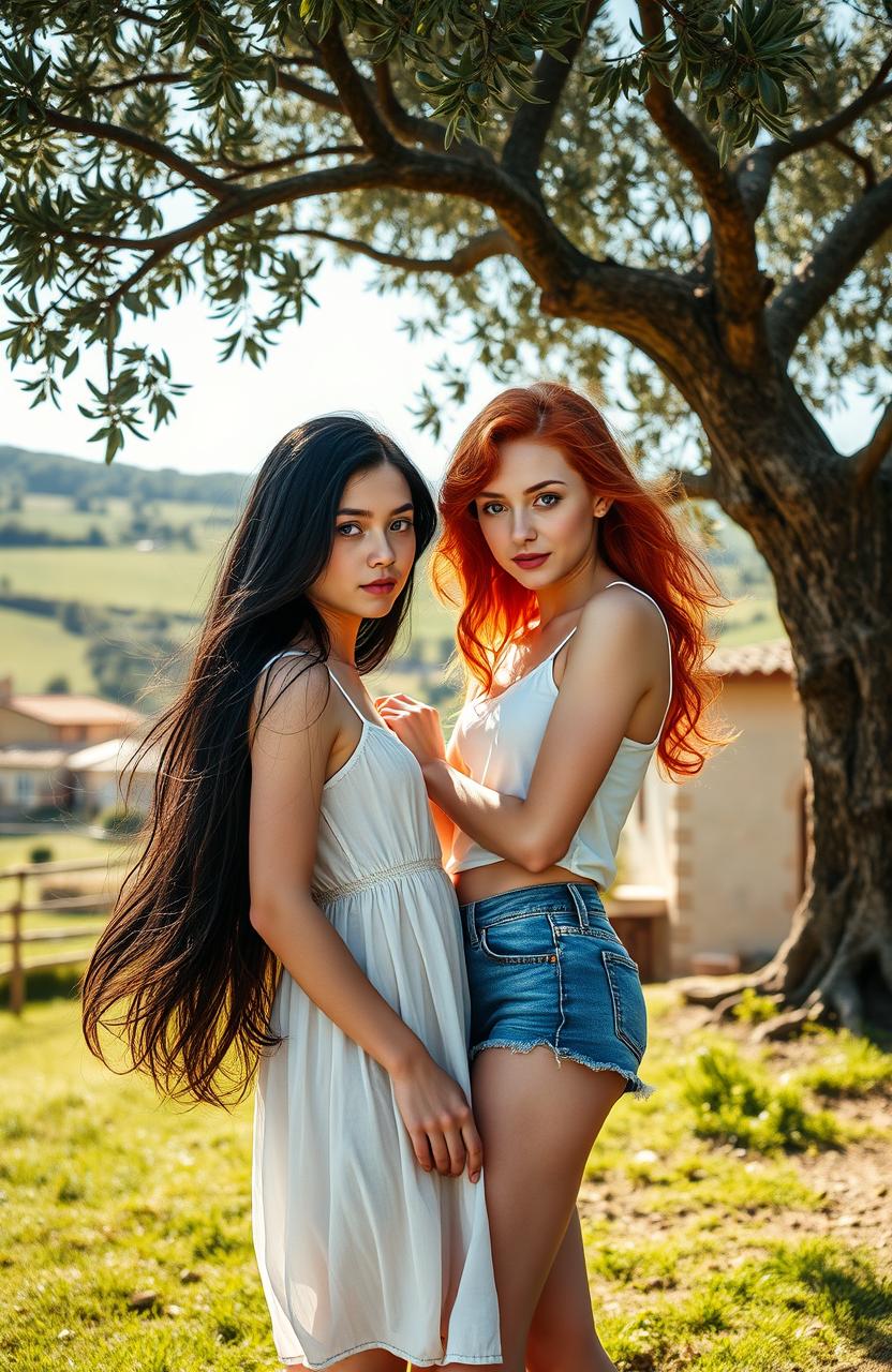 Two 17-year-old girls in love under the summer sun in a small rural village in Spain, surrounded by lush green fields and quaint farms