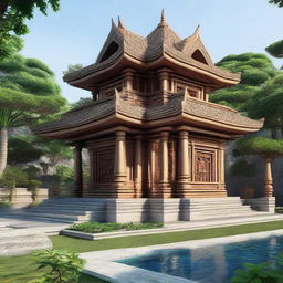 A 6x5m house design inspired by traditional temple architecture, with intricate carvings, stone masonry, and stepped pyramid-like structures in a compact package.