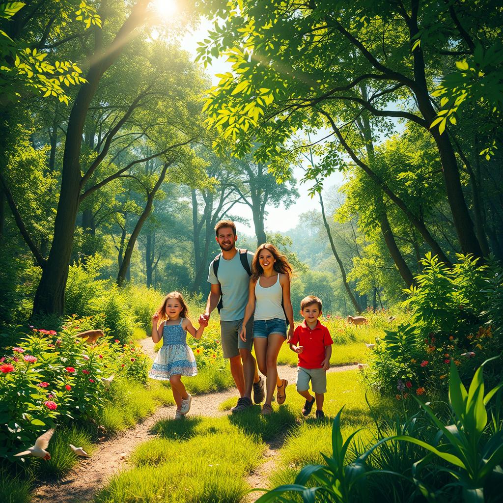 A sunny afternoon in a lush forest, depicting the Rodríguez family on an excursion