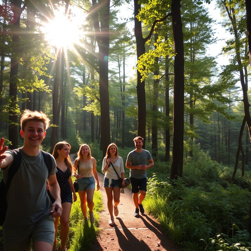 A serene forest scene where a group of friends is enjoying their time, laughing and taking photos