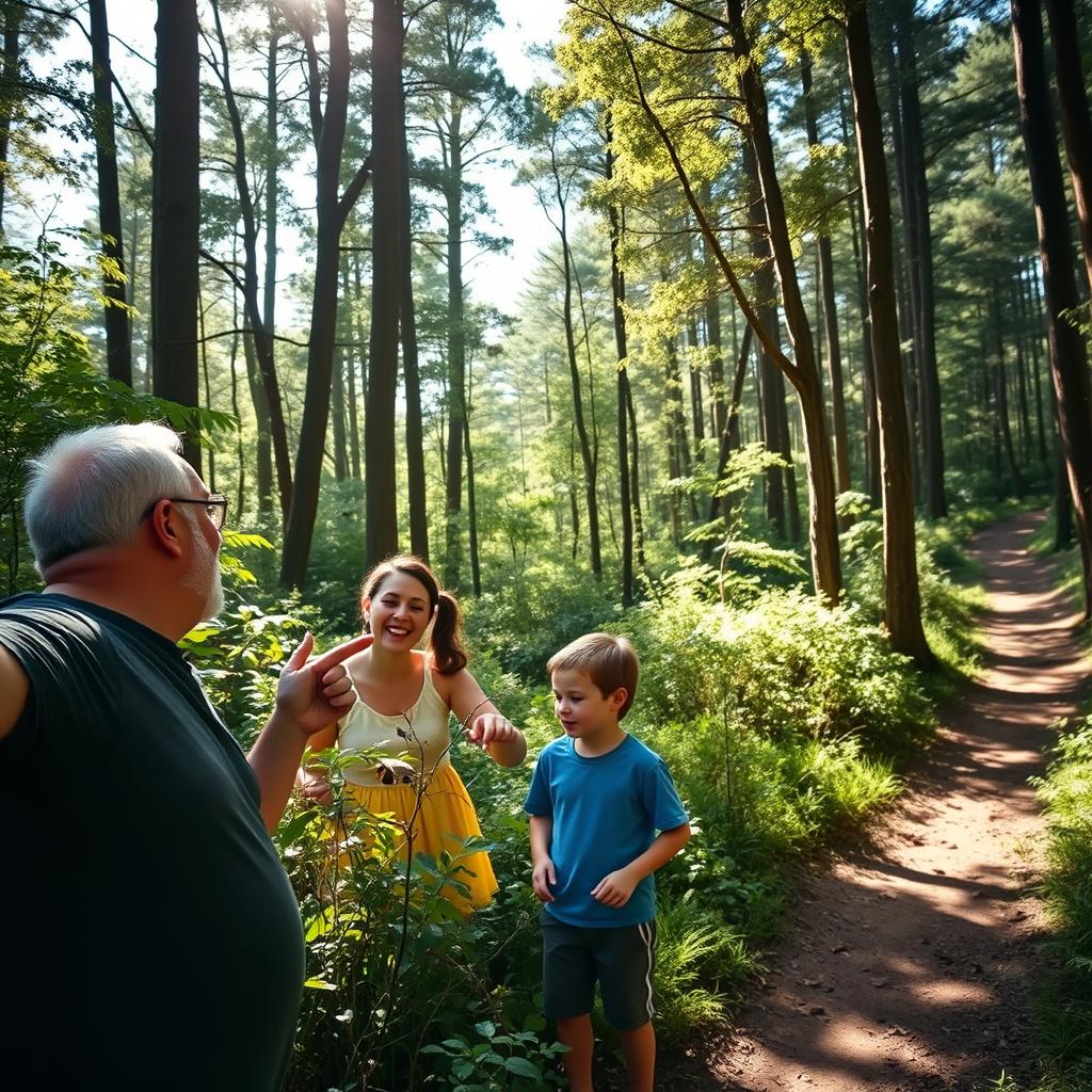 A sunny afternoon in a dense forest, depicting the Rodríguez family on a nature excursion