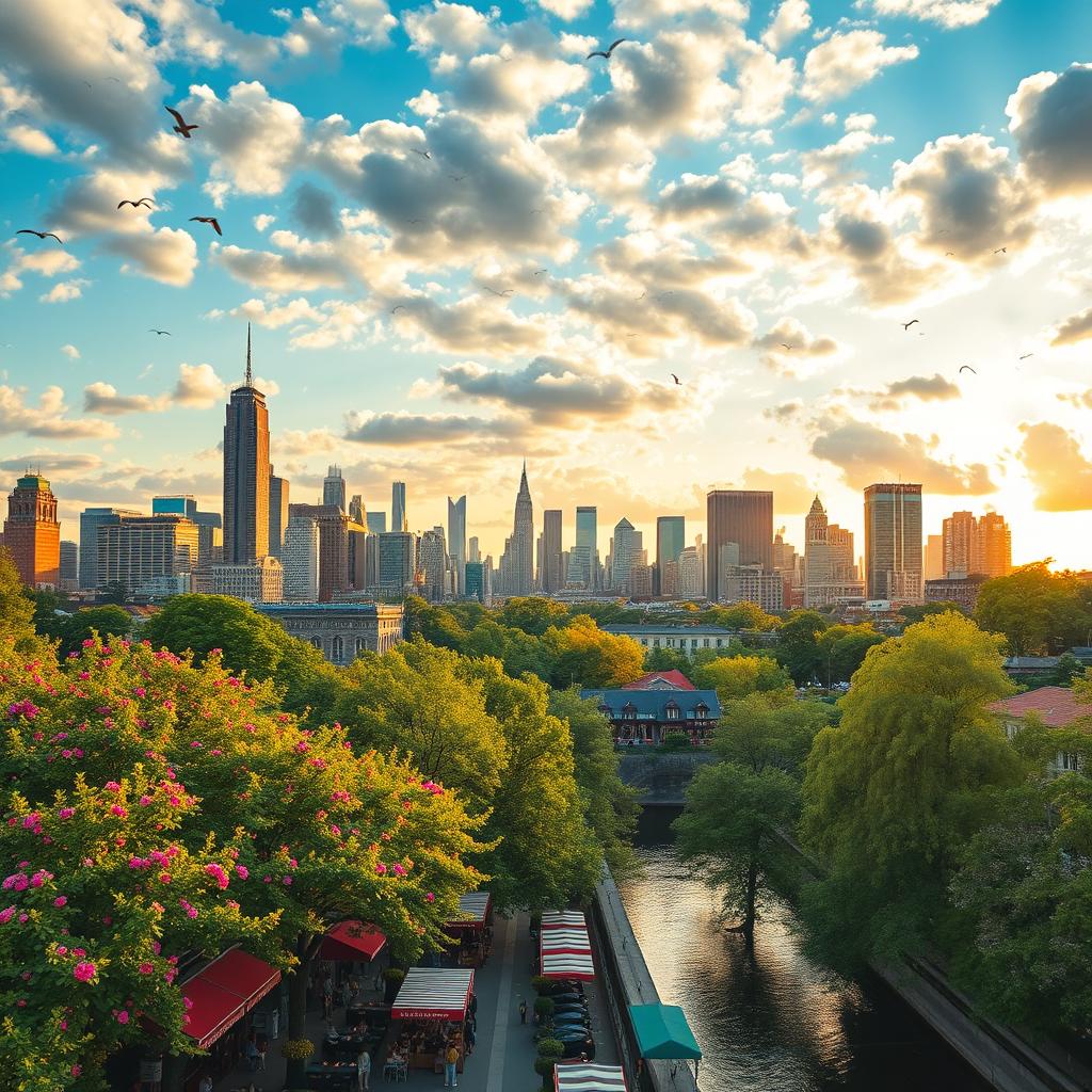 A beautiful cityscape featuring a vibrant skyline with a mix of modern skyscrapers and historic architecture, bathed in golden sunlight during sunset