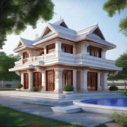 A 6x5m house design inspired by traditional temple architecture, with intricate carvings, stone masonry, and stepped pyramid-like structures in a compact package.