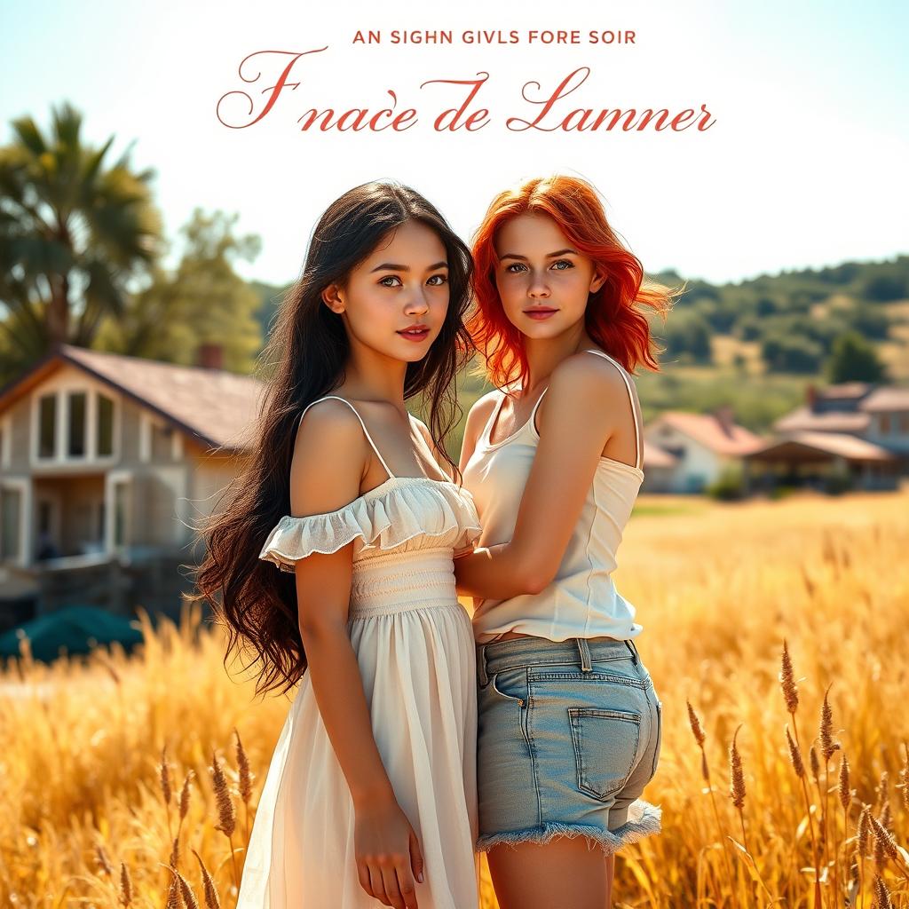 The book cover for a story featuring two 17-year-old girls falling in love in a rural village in Spain during the summer, designed with dimensions of 512x800 pixels