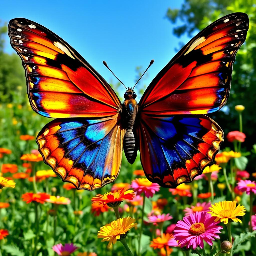 A majestic butterfly with large, vibrant wings that showcase an array of colors including deep blues, bright oranges, and striking yellows