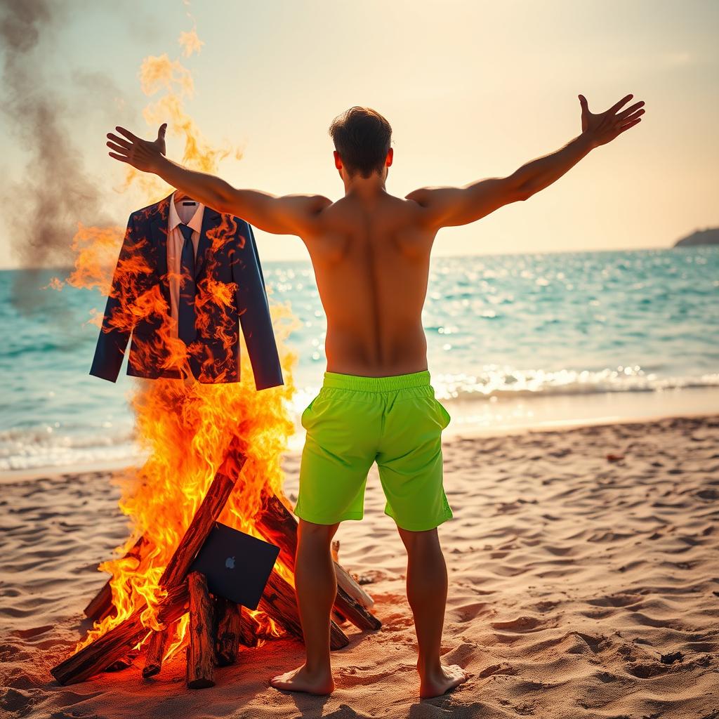 On the left side of the image, a bonfire burns intensely on a sandy beach, consuming a blue business suit, a gray shirt with a tie, and a smashed laptop within the flames