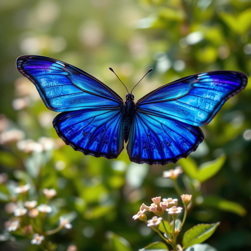 A majestic and powerful blue butterfly, with iridescent wings displaying various shades of deep blue and hints of purple