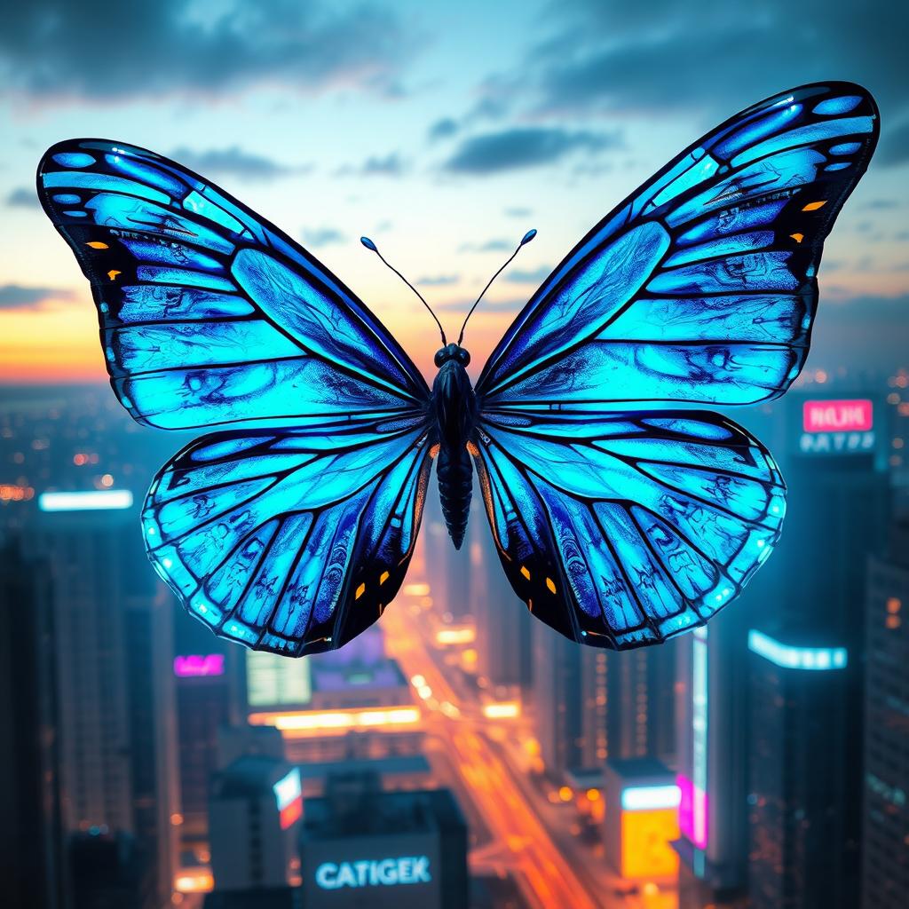 A powerful futuristic butterfly with iridescent blue wings, showcasing intricate patterns and glowing accents