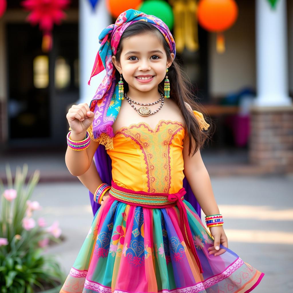 A beautiful child dressed in a vibrant gypsy costume for a school event