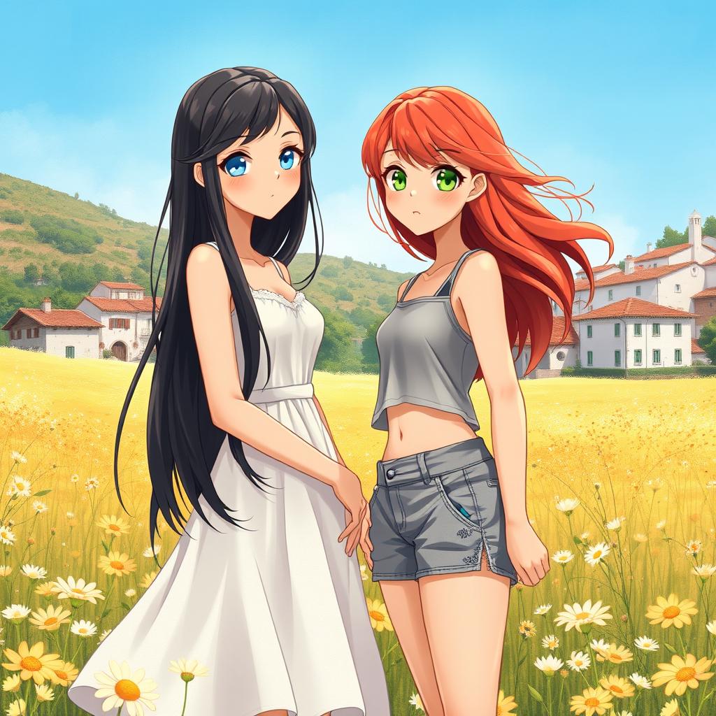 An illustration depicting two 17-year-old girls in love in a rural village in Spain during summer, created with dimensions of 512x800 pixels