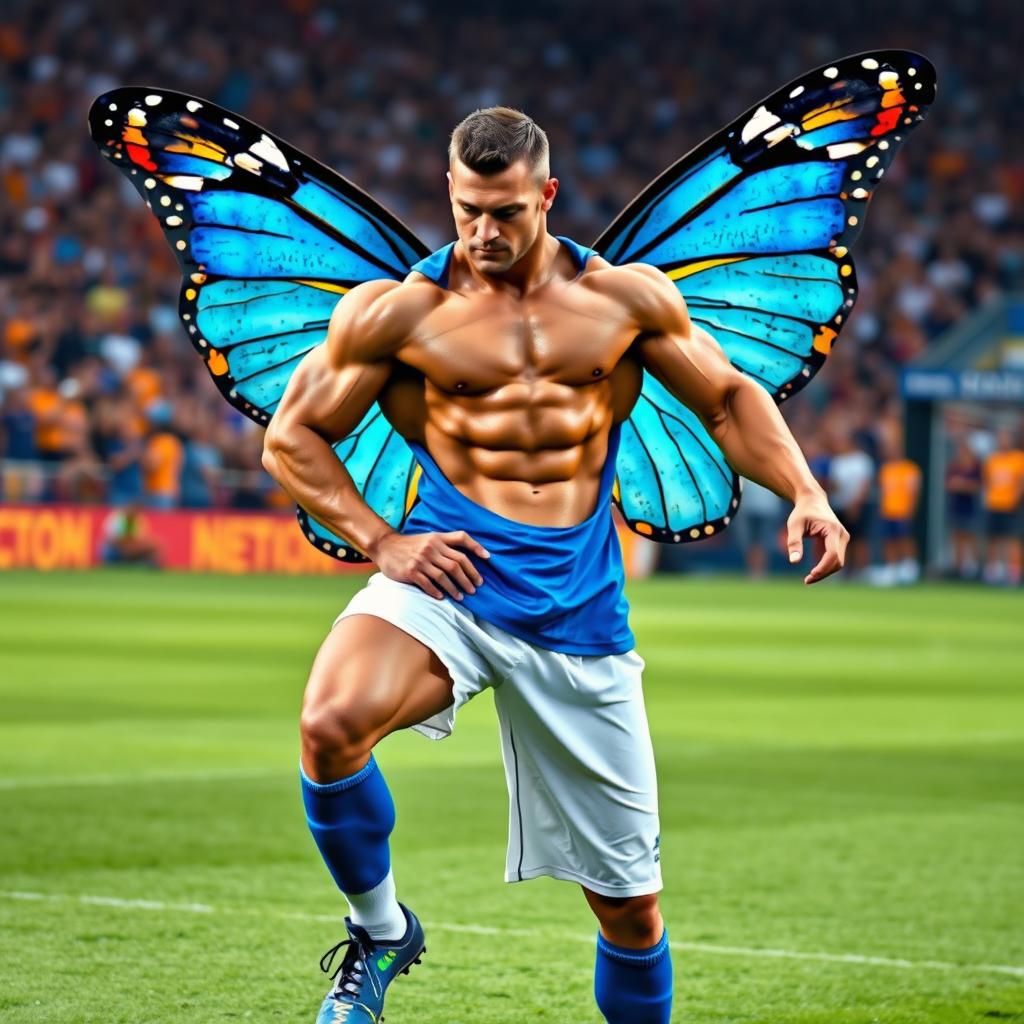 A powerful football player showcasing impressive muscles and athletic prowess, adorned with vibrant butterfly wings in shades of blue and orange