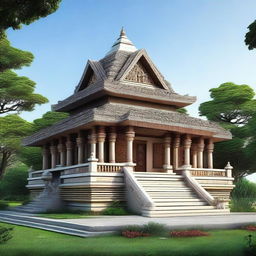 A 6x5m house design inspired by traditional temple architecture, with intricate carvings, stone masonry, and stepped pyramid-like structures in a compact package.