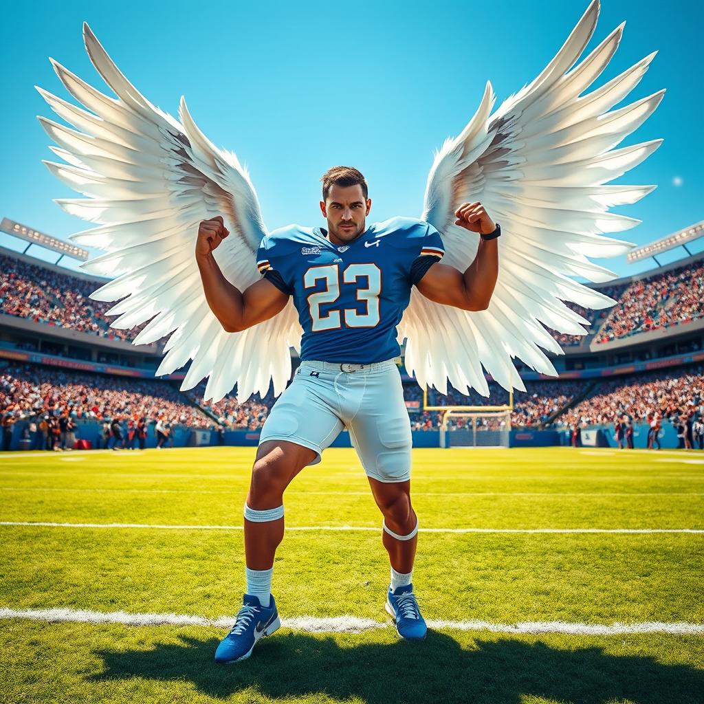 A powerful football player with majestic wings, wearing a vibrant blue shirt and bright white shorts, showcasing an athletic and dynamic pose on a grassy football field