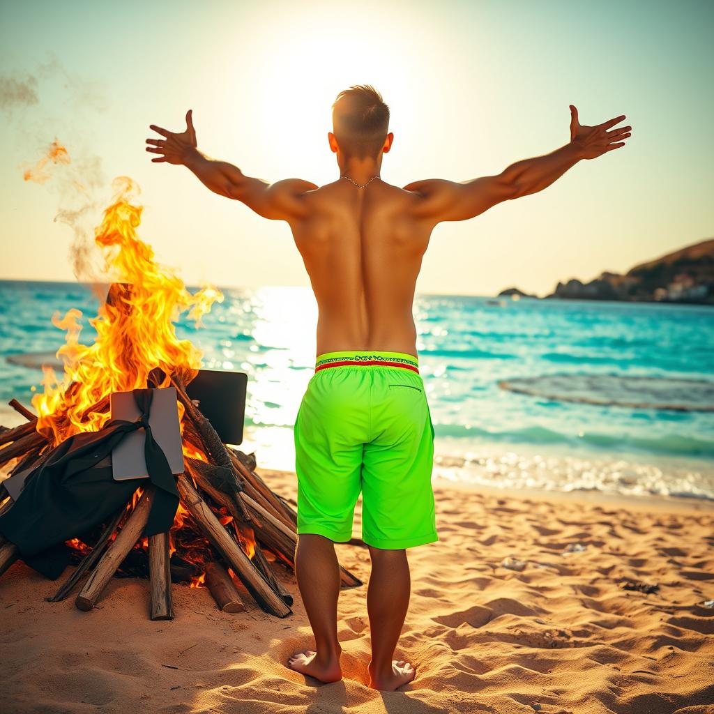 On the left side of the image, a bonfire burns intensely on a sandy beach, with flames licking the air