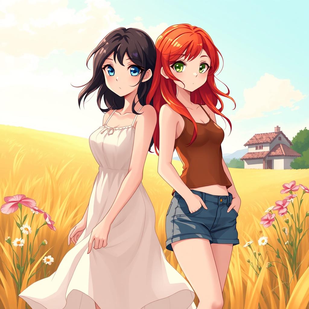 An illustration with dimensions of 512x800 pixels depicting two 17-year-old girls in love in a rural village in Spain during summer