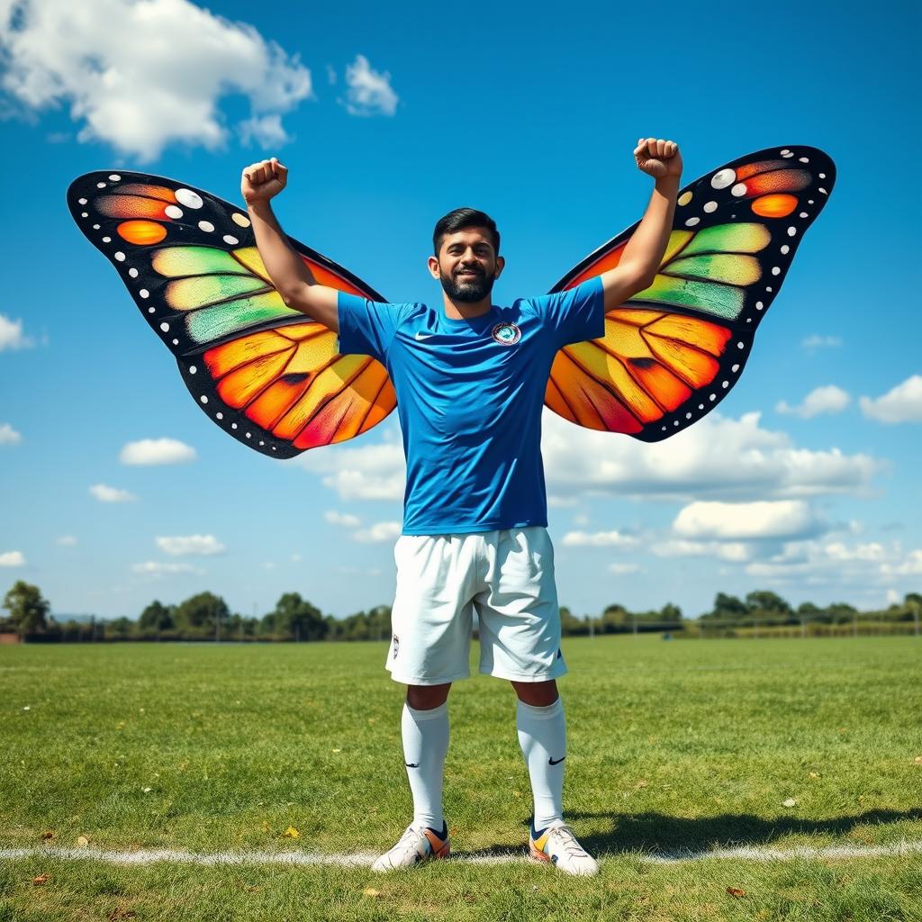 A powerful soccer player with butterfly wings stands triumphantly on the field