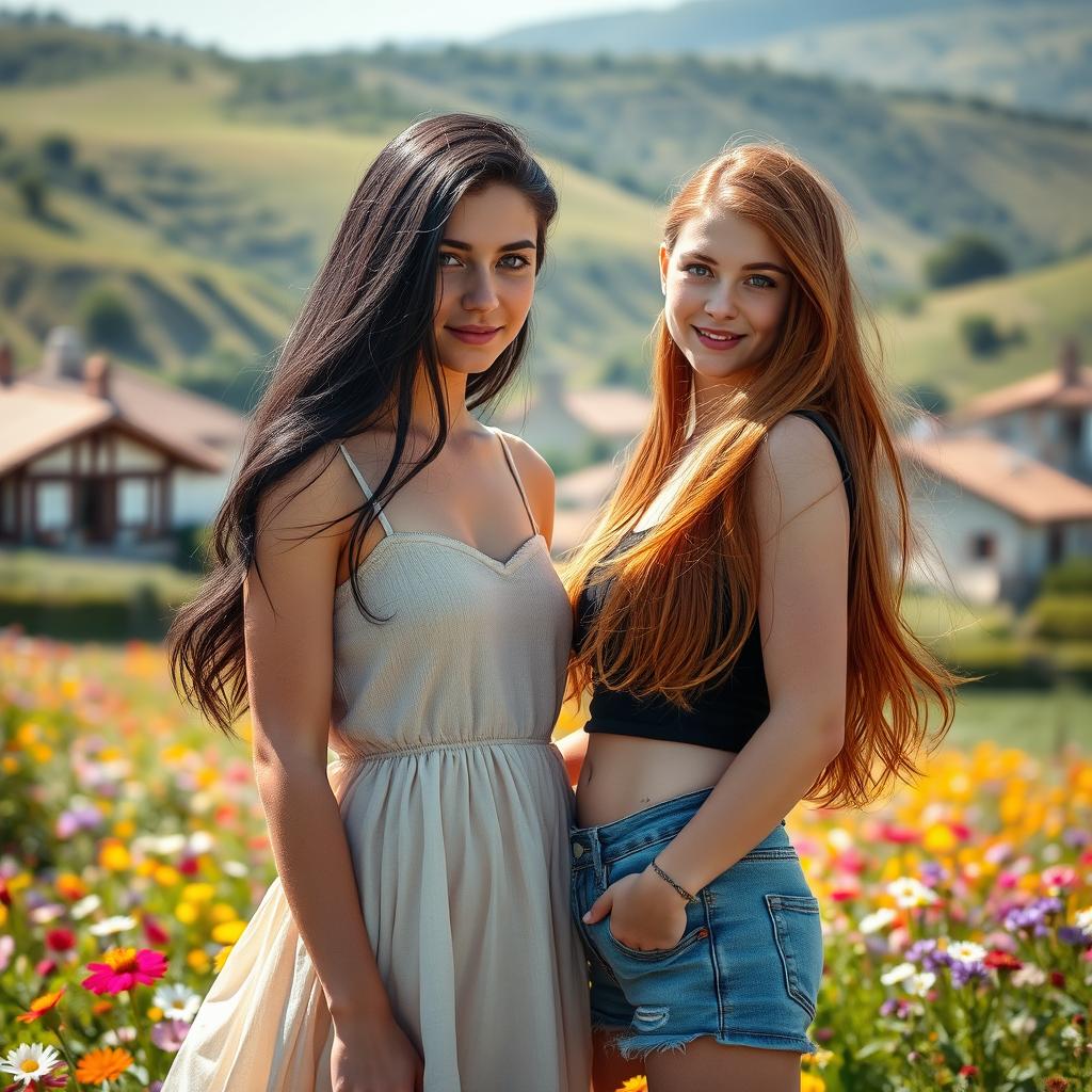 A photographic image with dimensions of 512x800 pixels capturing two 17-year-old girls in love in a rural village in Spain during summer