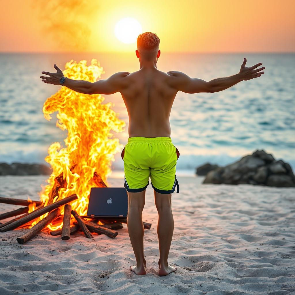 On the left side of the image, an intense bonfire blazes on a sandy beach, engulfing a discarded suit with a tie and a laptop within its flames