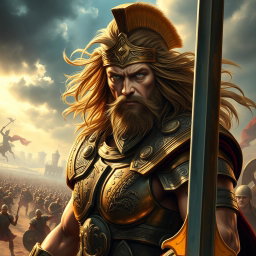 A striking portrait of Achilles, the legendary hero from Greek mythology, depicted as a fierce warrior