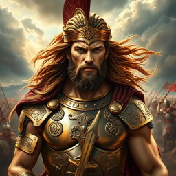 A striking portrait of Achilles, the legendary hero from Greek mythology, depicted as a fierce warrior