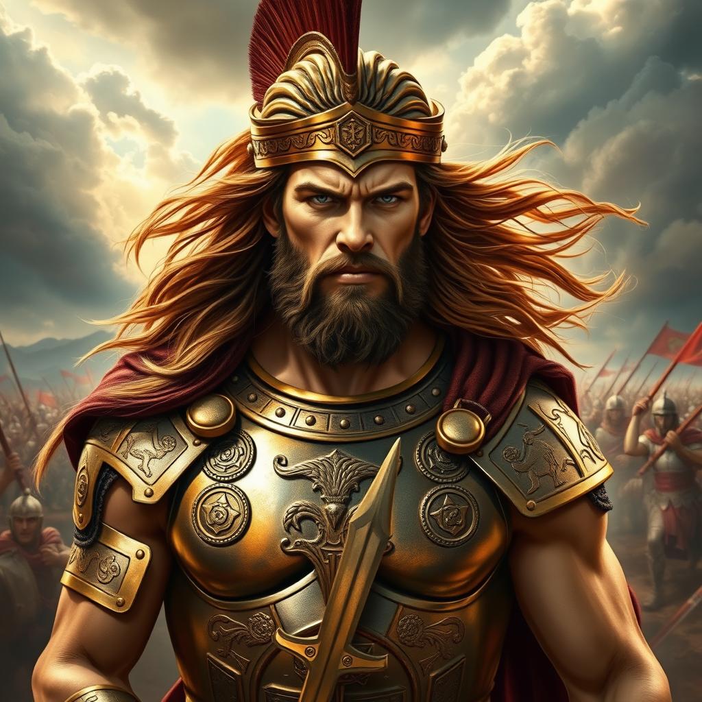 A striking portrait of Achilles, the legendary hero from Greek mythology, depicted as a fierce warrior