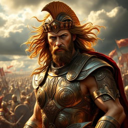 A striking portrait of Achilles, the legendary hero from Greek mythology, depicted as a fierce warrior