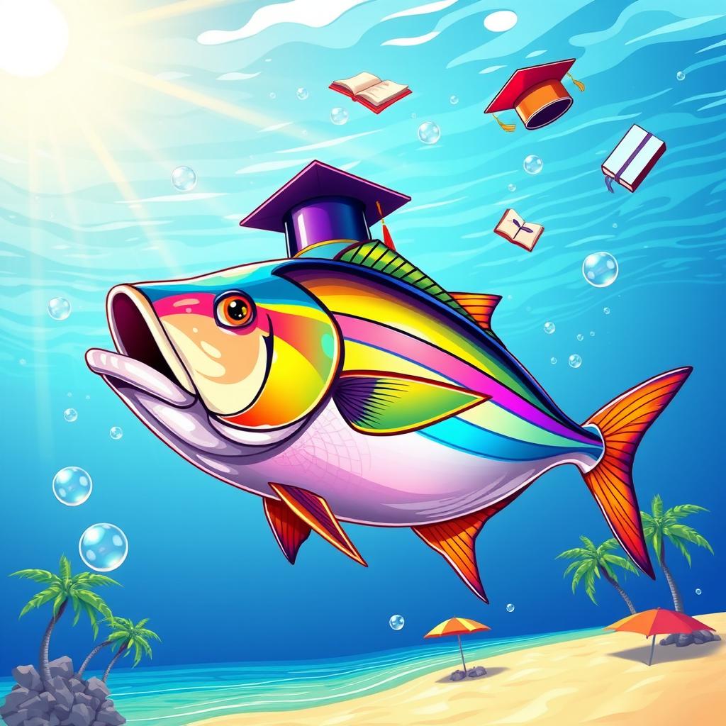 A vibrant illustration of a colorful tuna fish, representing symbolically the university spirit