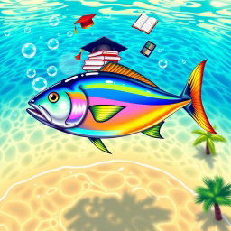A vibrant illustration of a colorful tuna fish, representing symbolically the university spirit