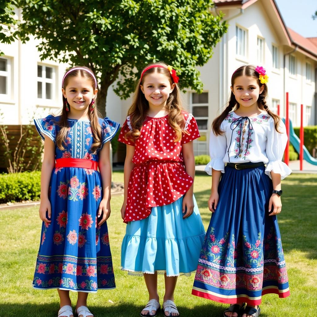 A group of three 13-year-old girls wearing traditional gypsy school uniforms, standing in a sunlit outdoor school yard