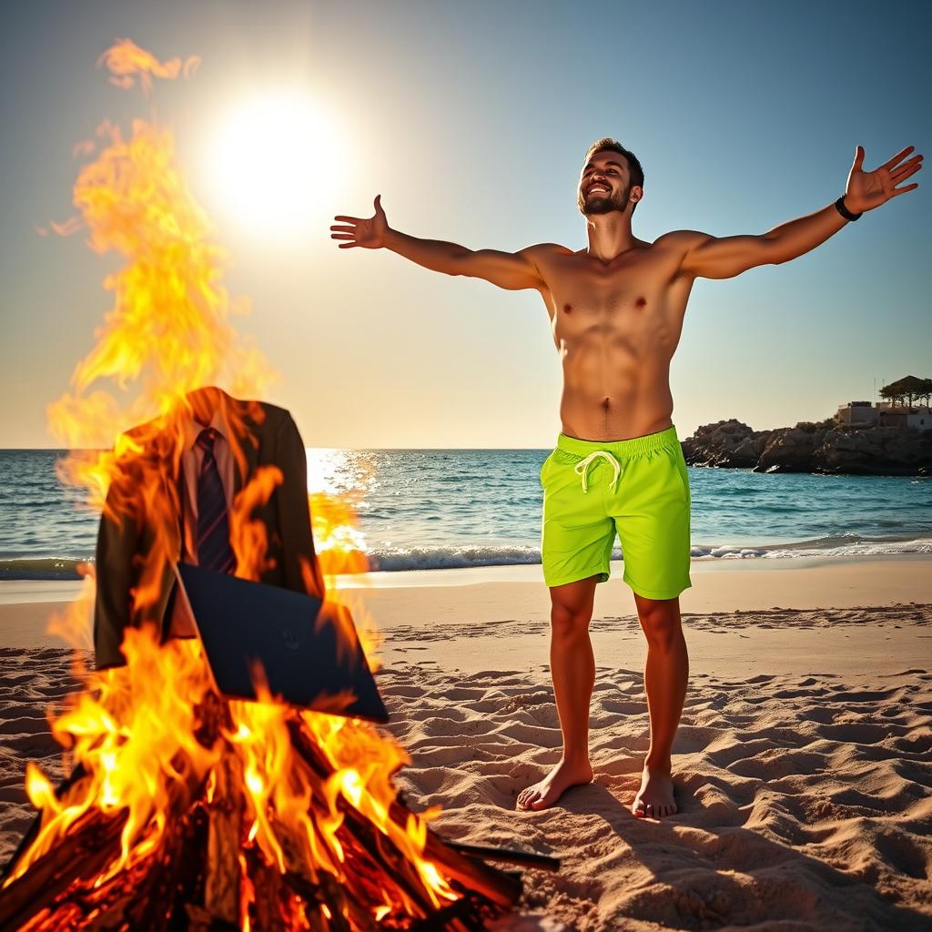 On the left side of the image, a bonfire burns intensely on a sandy beach