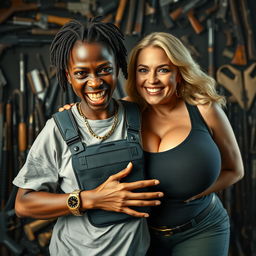 In a chaotic room filled with weapons, a young, short, malnourished African woman, aged 25 with very dark skin, has a fierce expression and is gritting her yellowed, broken teeth in anger