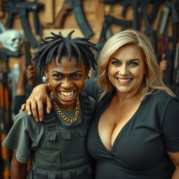 In a chaotic room filled with weapons, a young, short, malnourished African woman, aged 25 with very dark skin, has a fierce expression and is gritting her yellowed, broken teeth in anger