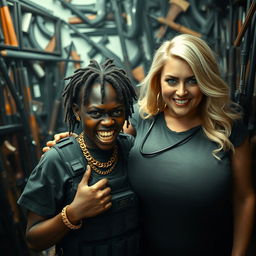 In a chaotic room filled with weapons, a young, short, malnourished African woman, aged 25 with very dark skin, has a fierce expression and is gritting her yellowed, broken teeth in anger