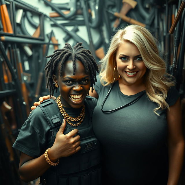 In a chaotic room filled with weapons, a young, short, malnourished African woman, aged 25 with very dark skin, has a fierce expression and is gritting her yellowed, broken teeth in anger