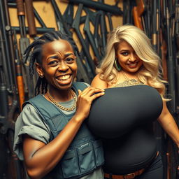 In a chaotic room filled with weapons, a young, short, malnourished African woman, aged 25 with very dark skin, has a fierce expression and is gritting her yellowed, broken teeth in anger