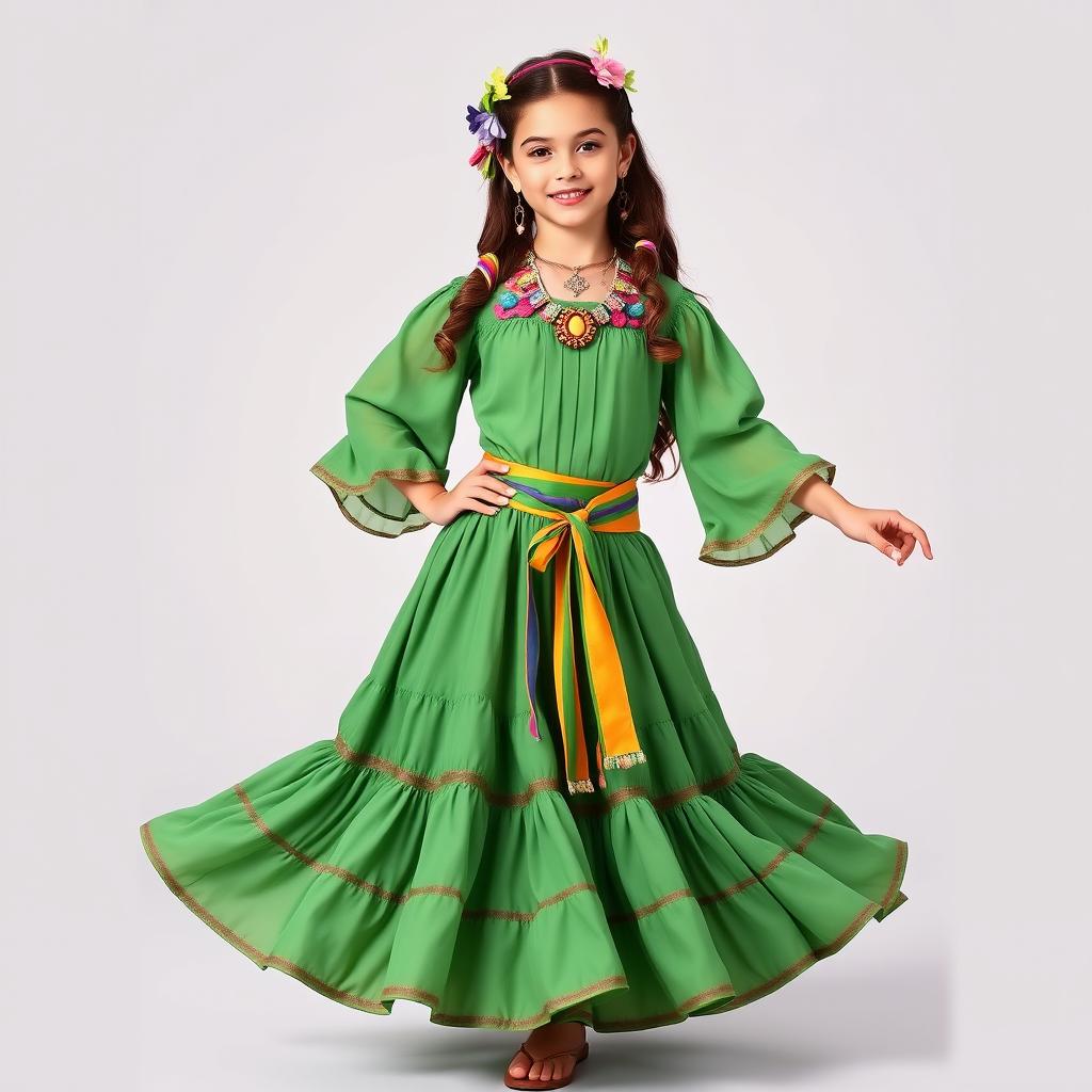 A 14-year-old girl wearing a complete traditional Esmeralda-inspired gypsy outfit from 'The Hunchback of Notre Dame', designed for a school dance performance