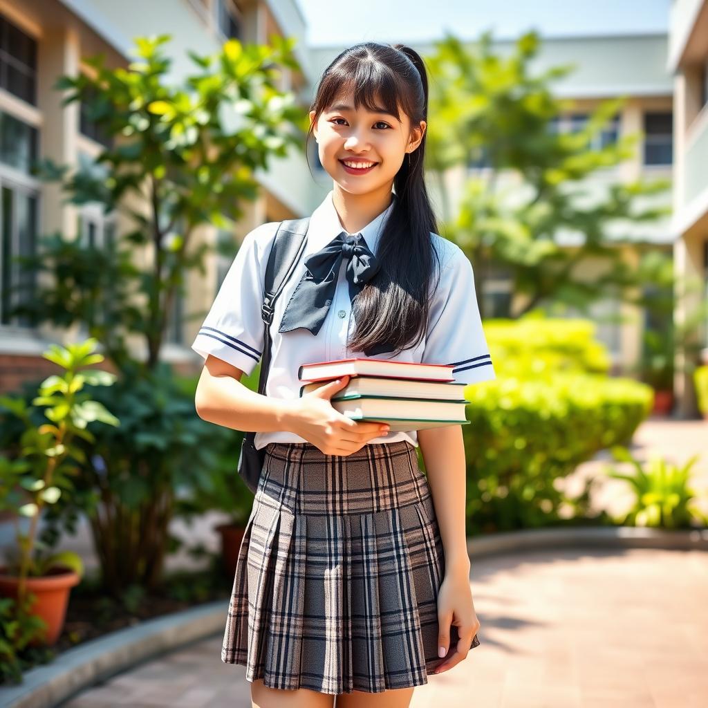 A portrait of a 16-year-old Hong Kong girl in a traditional school uniform, featuring a crisp white blouse and a plaid pleated skirt, with knee-high socks