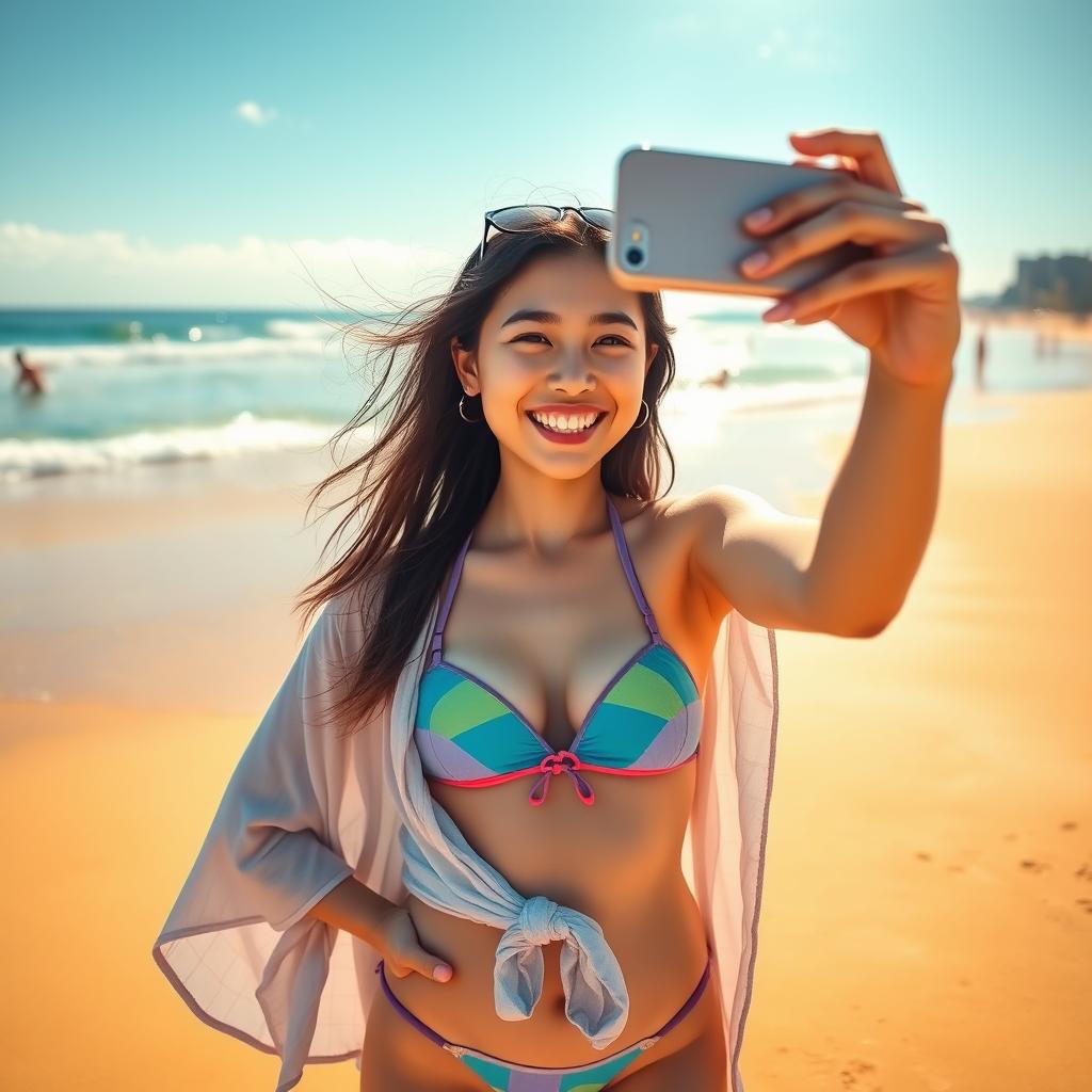 A vibrant scene of a young Hong Kong girl at the beach, capturing a photo with her smartphone