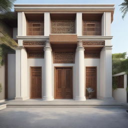 A minimalist house design inspired by traditional temple architecture, blending simple and streamlined features with detailed carvings and stepped architecture forms.